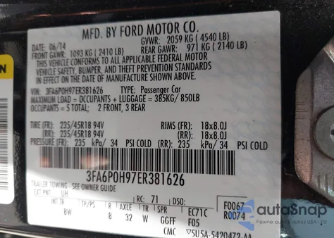 2014 Ford Fusion Se from USA, damaged, VIN 3FA6P0H97ER381626